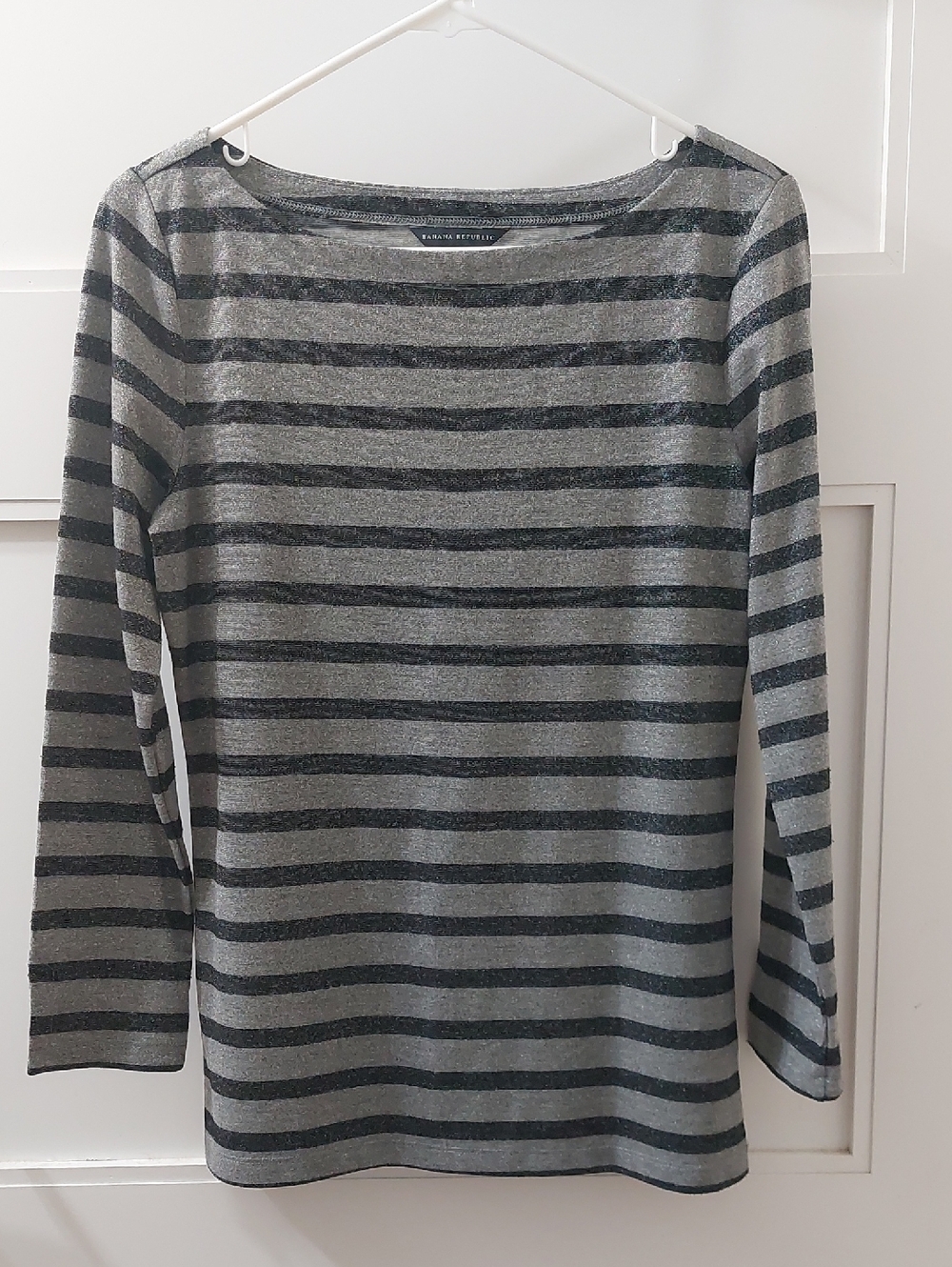Banana Republic Gray & Black Metallic Stripe Boatneck Top